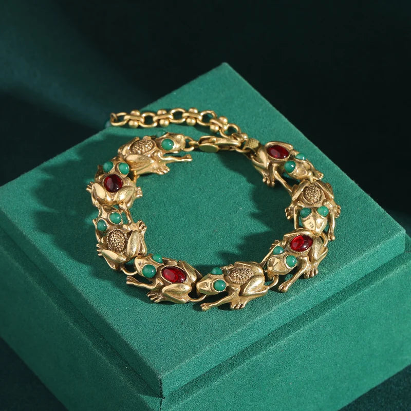 Thaloura Bracelet | 18K Gold Jewelry | Frog with Jade & Ruby