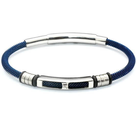 Bracelet with blue cord and silver metal clasp on a white background