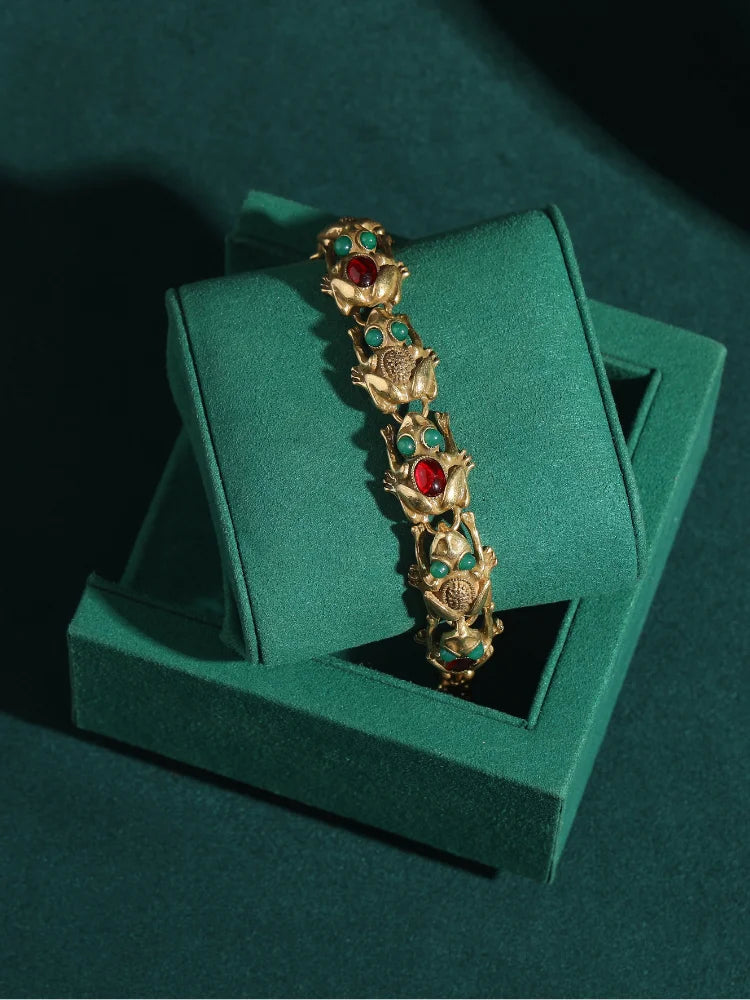 Thaloura Bracelet | 18K Gold Jewelry | Frog with Jade & Ruby