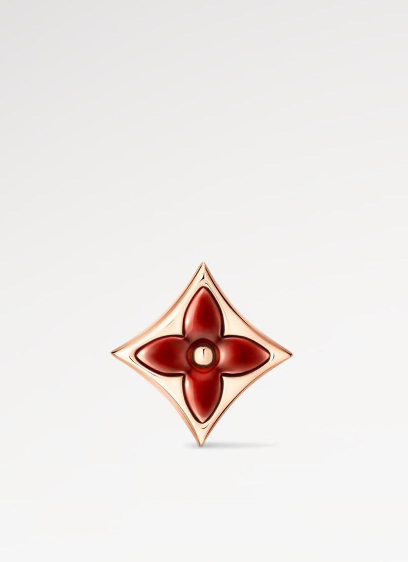 Rose gold and Red Mother of Pearl Star Earring Stud on a light gray background