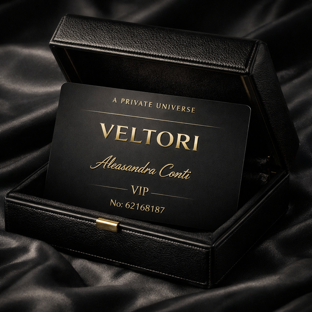 Matte black VELTORI VIP metal membership card with gold lettering, partially revealed from a luxury leather box, symbolizing exclusive privilege and authority