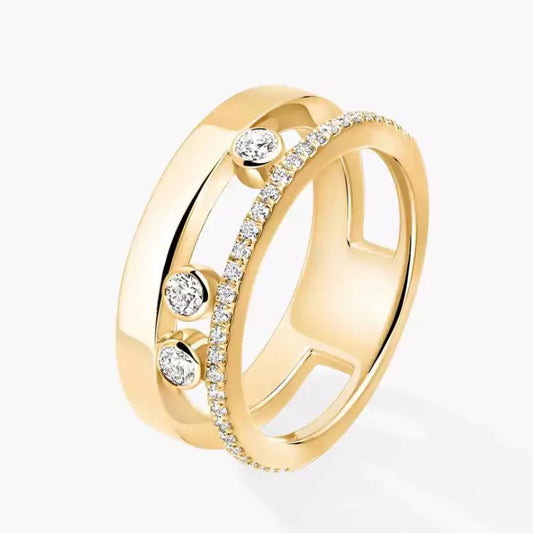 Gold ring with embedded diamonds on a white background