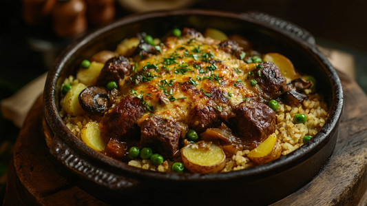 Fırınlanmış kaşar peynirli dana çiftlik kebabı ve şehriyeli köy bulgur pilavı tabağı
