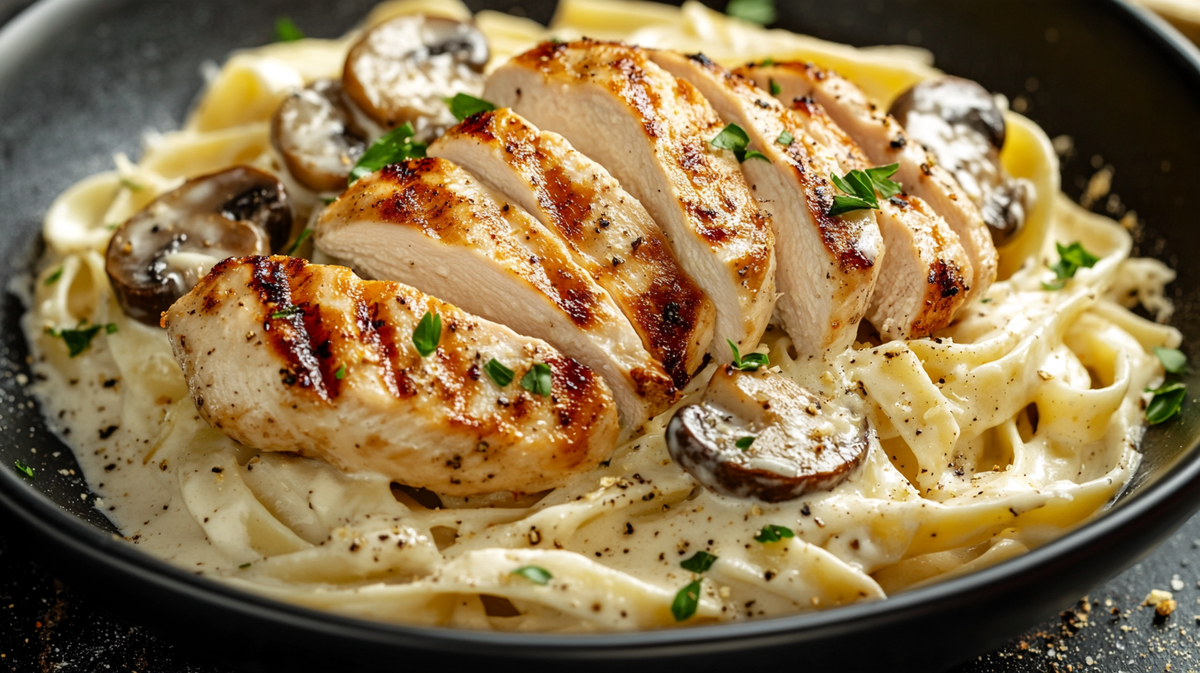 Izgara tavuk göğsü dilimleri, kültür mantarı ve parmesan kremalı fettuccine tabağı