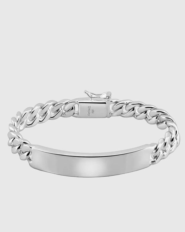 Full studio view of the Aerion Signatura 12mm thick Italian silver Cuban chain bracelet featuring a high-polish blank ID plate.