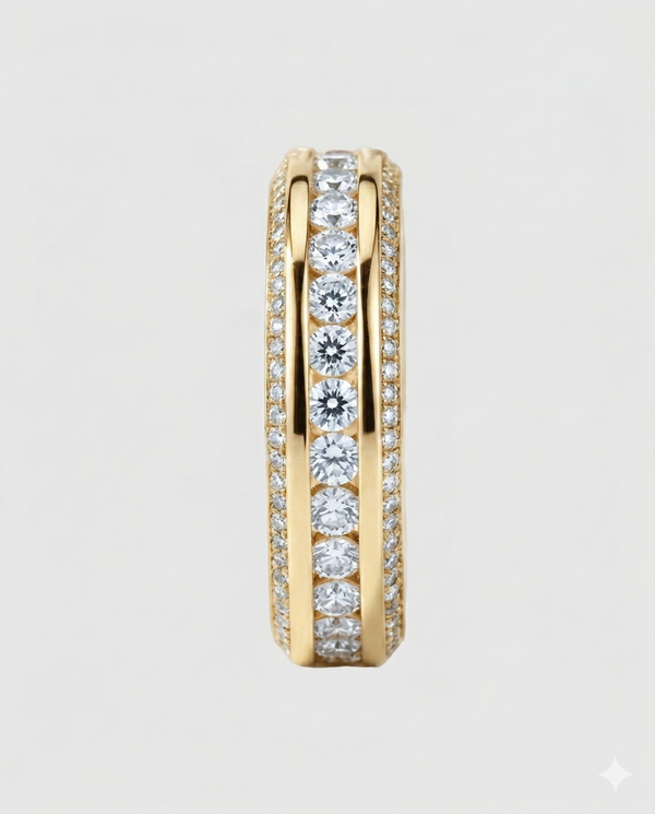 Full studio shot of the 18K yellow gold-plated Éternara eternity band, highlighting the intricate three-row design with a framed center and micro-pavé edges.