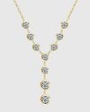 Front view of the 18K gold-plated silver Y-necklace, showcasing the graduated 3mm and 4mm moissanite stones that pass the diamond tester.