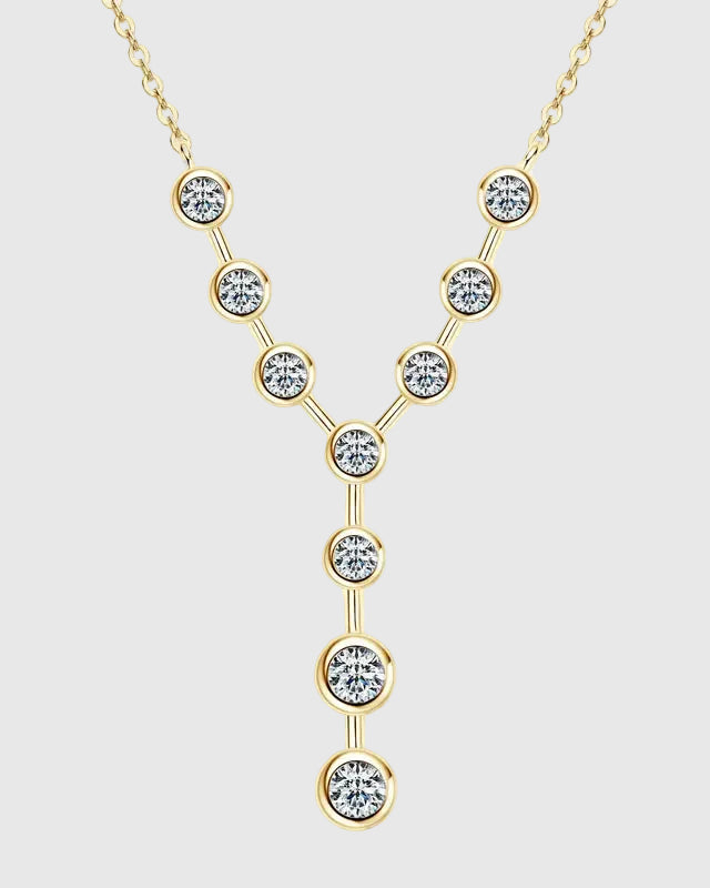 Front view of the 18K gold-plated silver Y-necklace, showcasing the graduated 3mm and 4mm moissanite stones that pass the diamond tester.