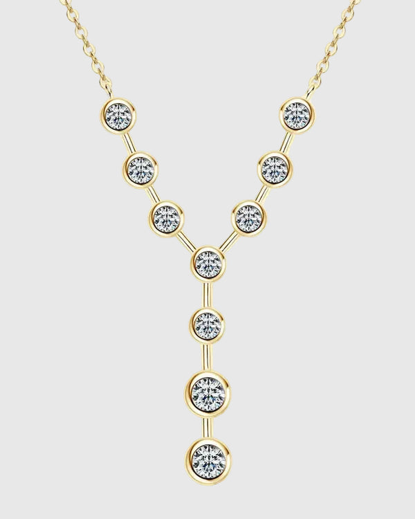 Front view of the 18K gold-plated silver Y-necklace, showcasing the graduated 3mm and 4mm moissanite stones that pass the diamond tester.