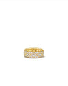 Front view of the Matelassé 18K gold-plated 925 silver wide band ring, showcasing the iconic quilted geometric pattern and micro-pavé VVS1 moissanite stones.
