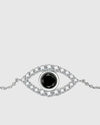 Front view of the mirror-polished 925 silver protective eye bracelet, featuring a deep, enigmatic 1-carat black moissanite center stone with a diamond-like sparkle.