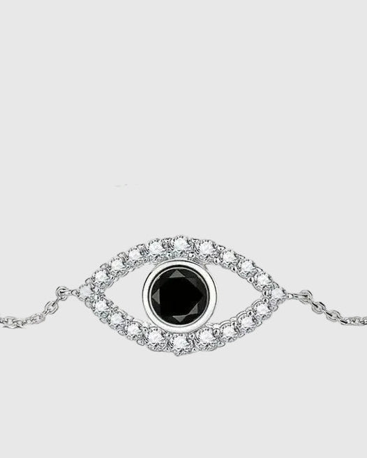 Front view of the mirror-polished 925 silver protective eye bracelet, featuring a deep, enigmatic 1-carat black moissanite center stone with a diamond-like sparkle.