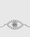 Full studio view of the Aerion Oculus 925 sterling silver bracelet, highlighting the brilliant 1-carat white moissanite center stone framed by a zircon pave halo in an evil eye motif.