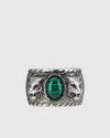 Front view of a vintage 925 silver ring featuring a central green malachite stone guarded by two feline head motifs.