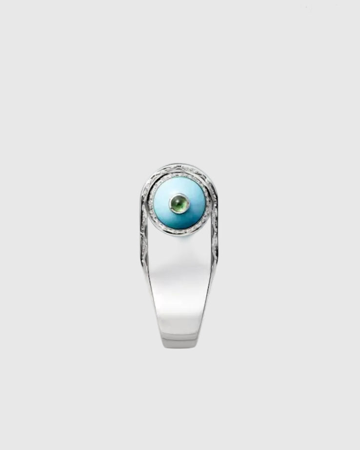 Top-down view of the solid Italian silver ring detailing the perfectly symmetrical Art-Déco design with 1.77 carats of sparkling zircons.