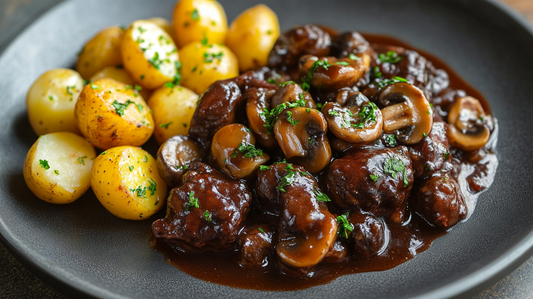 Ağır ateşte pişmiş Fransız dana bourguignon ve maydanozlu taze bebek patates