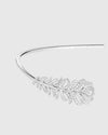 Front view of the peacock feather head of the L’Éthérée necklace, featuring 274 pavé-set VVS1 diamonds on white gold plated silver.