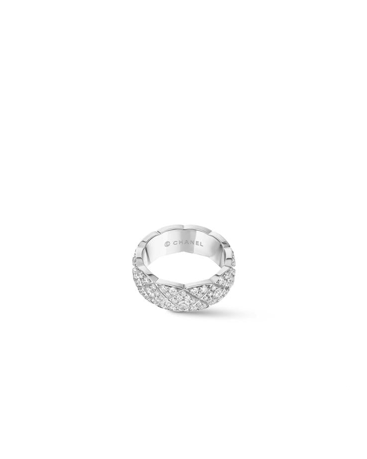 Top-down flat view of the 8mm wide silver pavé moissanite ring, displaying the smooth, rounded comfort-fit interior designed for effortless daily wear.