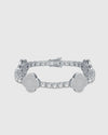 Full studio view of the Aerion Trèfle rhodium-plated sterling silver tennis bracelet, highlighting the seamless integration of 4mm round-cut moissanites and micromosaic pavé clovers.