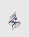  Front angled view of the Aetheria Art Deco statement ring showcasing a brilliant 2.55ct marquise-cut natural deep purple amethyst with contrasting green agate pavé feathers.