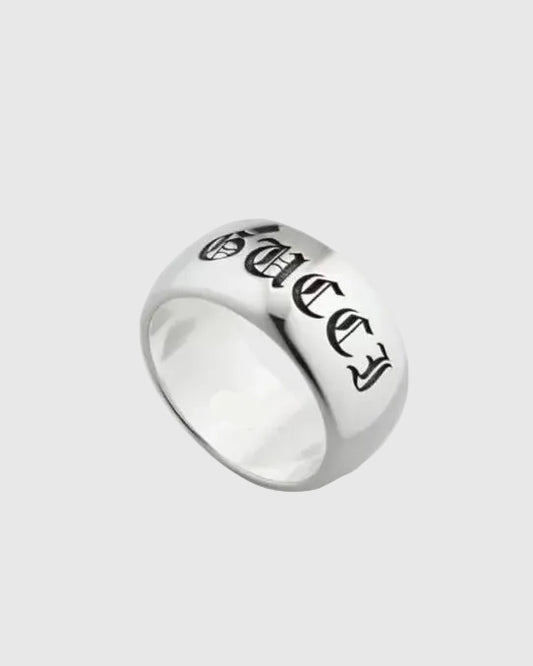 Aerion Soave Amore solid 925 Italian silver dual-band ring set with gothic lettering and romantic engravings.