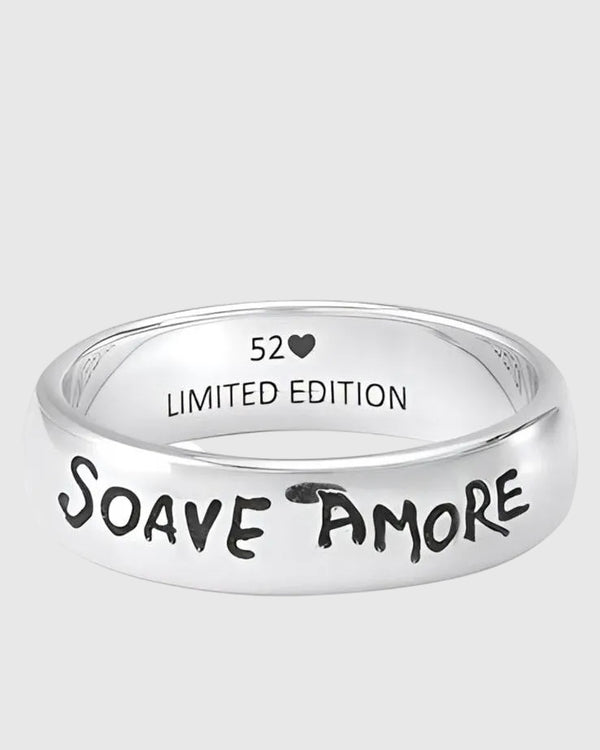 Aerion Soave Amore solid 925 Italian silver dual-band ring set with gothic lettering and romantic engravings.