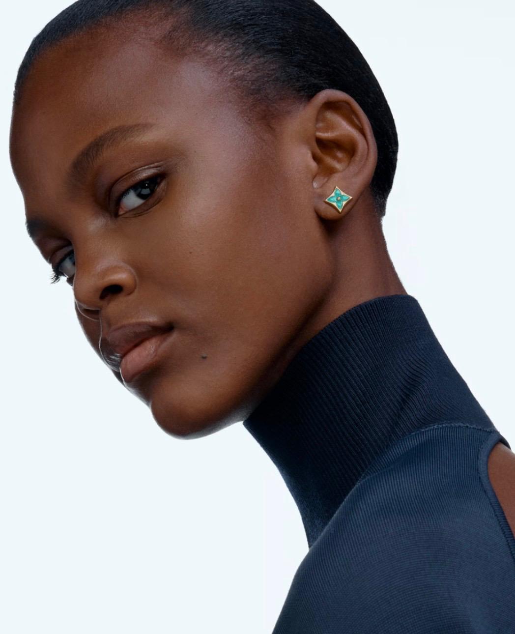 Close-up of a person wearing a Star Ear Stud with a plain background