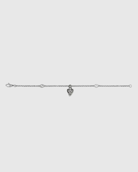 Aerion Cuore 925 sterling silver chain bracelet featuring interlocking monogram charms and an ornately engraved vintage heart pendant.