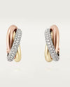 Front view of the half-paved tri-color earrings, showcasing one ring entirely encrusted with 142 D-color VVS1 micro-pavé moissanite stones.