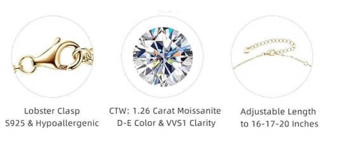 Gold necklace with diamond pendant and measurement details on a white background