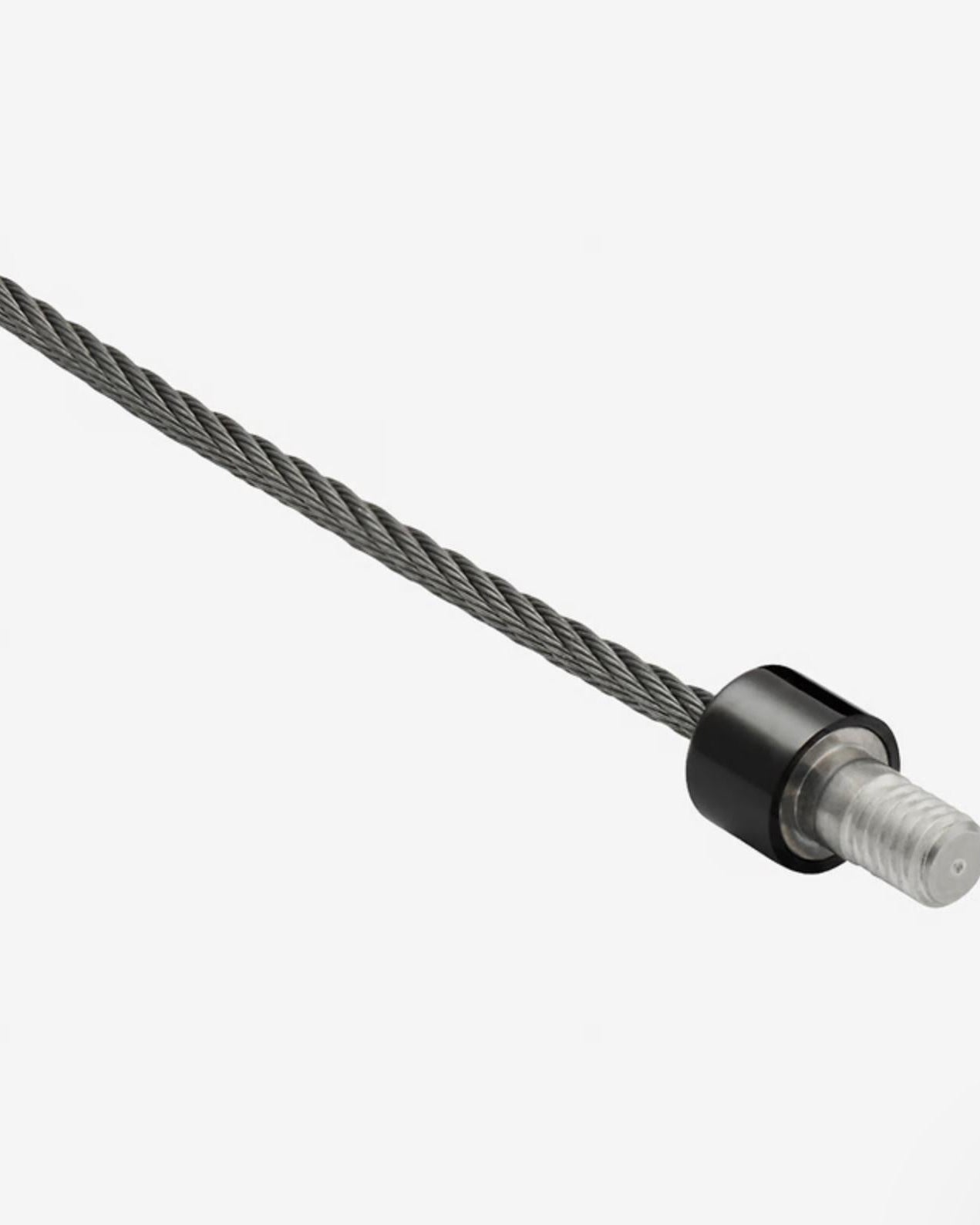 Metallic cable with a black and silver connector on a white background