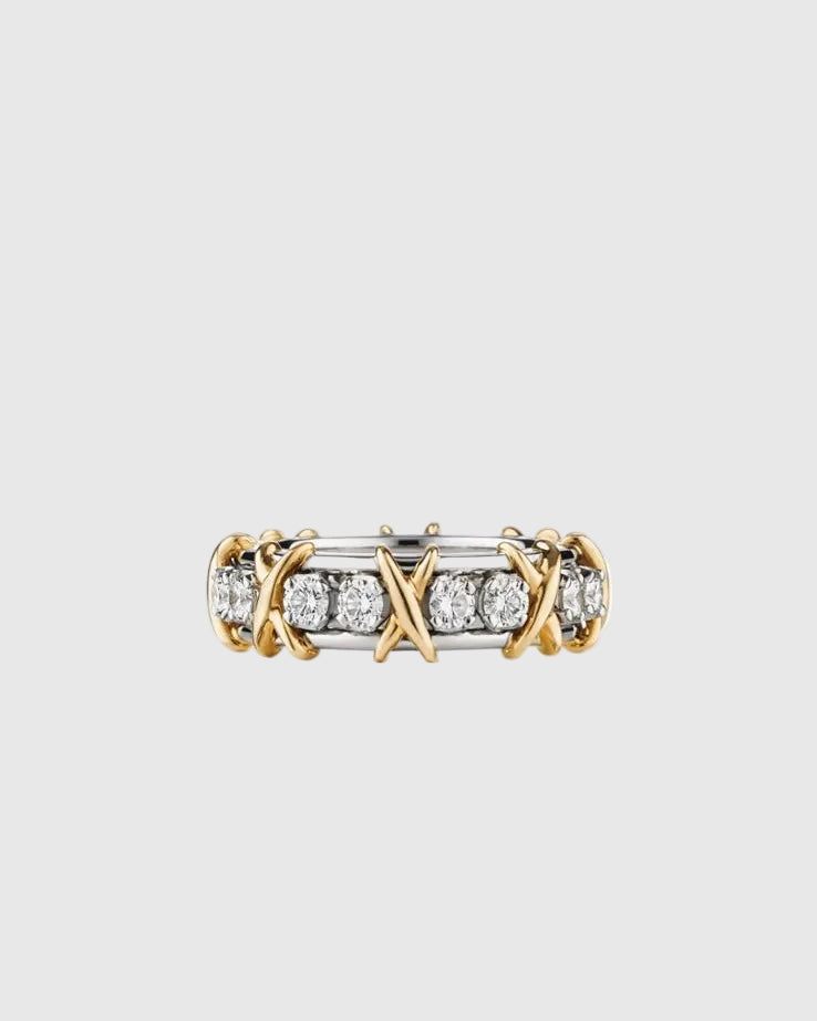 Front profile view of the 6g solid Italian silver and gold eternity ring, highlighting the flawless 1.14-carat moissanite stones elegantly bound by golden X accents.