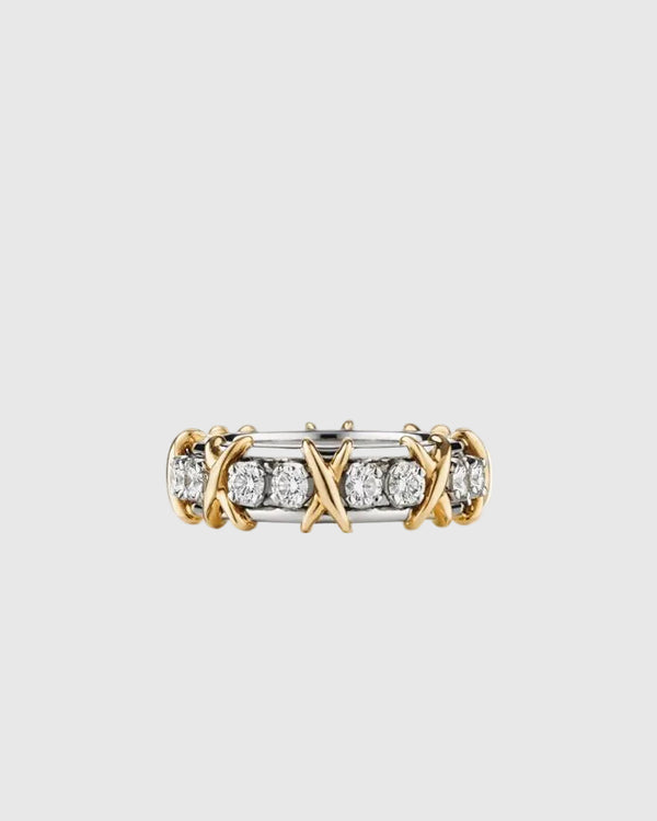 Front profile view of the 6g solid Italian silver and gold eternity ring, highlighting the flawless 1.14-carat moissanite stones elegantly bound by golden X accents.