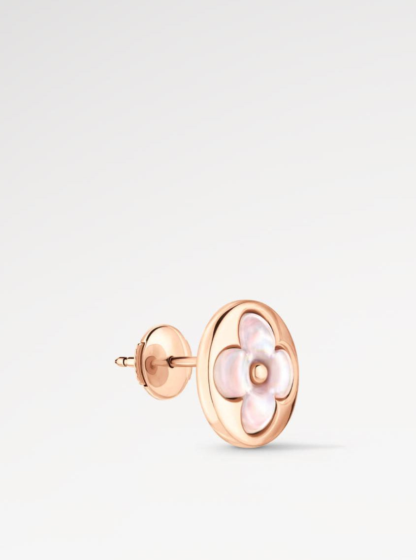 Rose gold earring with a floral design on a light gray background
