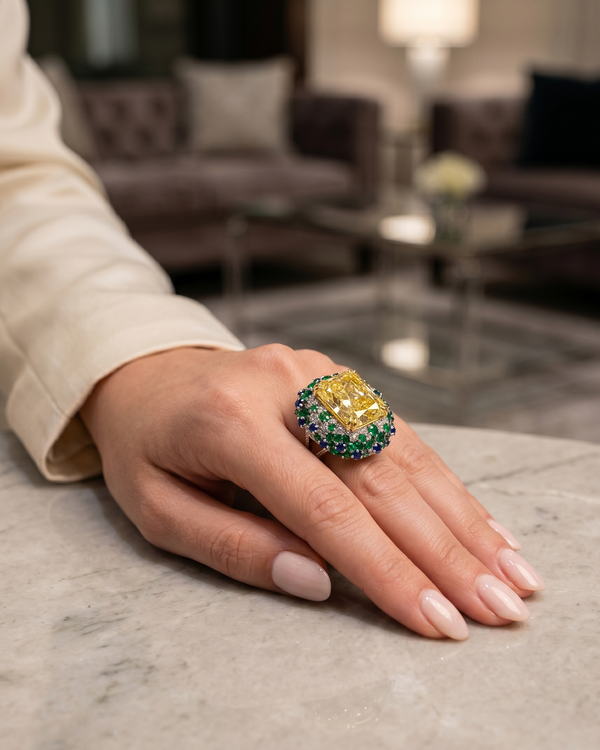 A woman's hand wearing a large radiant-cut canary yellow statement ring with an emerald and blue halo.
