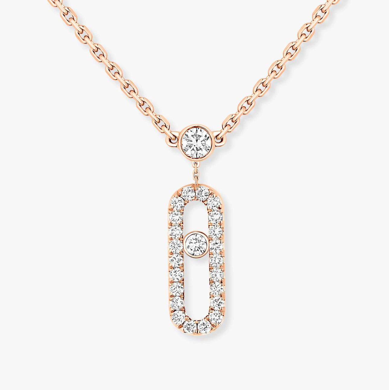 Rose gold necklace with diamond pendant on a white background