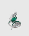Front angled view of the Aetheria 925 solid silver cocktail ring featuring a 2.55ct marquise-cut natural forest green agate embraced by meticulously sculpted pavé wings.