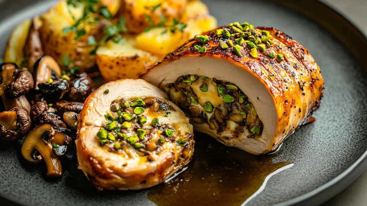 Antep fıstığı dolgulu fırın tavuk roulade ve patates karnabahar graten