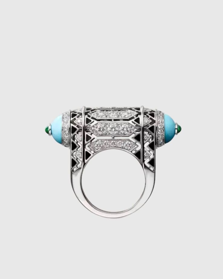 Front view of the 38.3mm wide cylindrical 925 silver statement ring, showcasing geometric black lacquer lines and brilliant-cut zircon pavé setting.