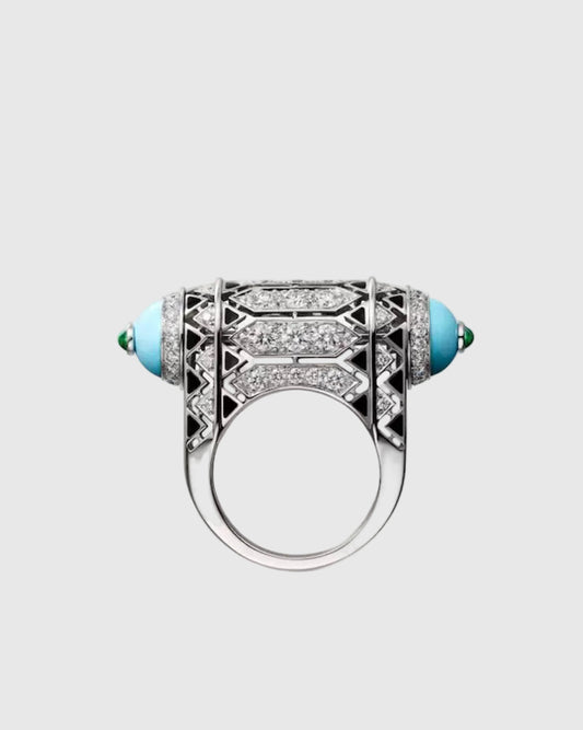 Front view of the 38.3mm wide cylindrical 925 silver statement ring, showcasing geometric black lacquer lines and brilliant-cut zircon pavé setting.
