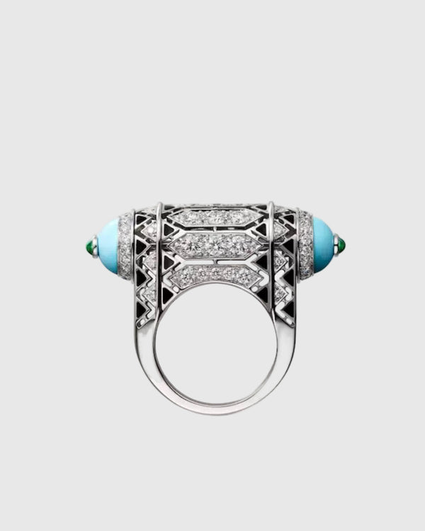 Front view of the 38.3mm wide cylindrical 925 silver statement ring, showcasing geometric black lacquer lines and brilliant-cut zircon pavé setting.