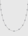 Full studio view of the Auréclaire 2-carat moissanite station necklace in premium platinum-plated 925 sterling silver, highlighting the flawless D-color VVS bezel-set stones.