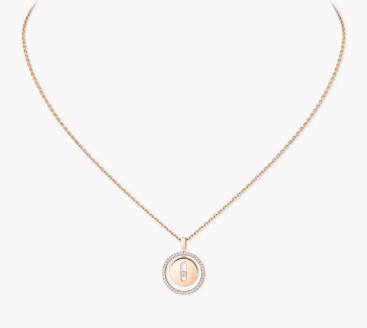 Rose gold necklace with a pendant on a white background