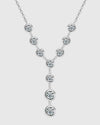 Front view of the rhodium-plated 925 sterling silver lariat necklace featuring brilliant D-color VVS1 moissanite stones in a vertical Y-shaped cascade.