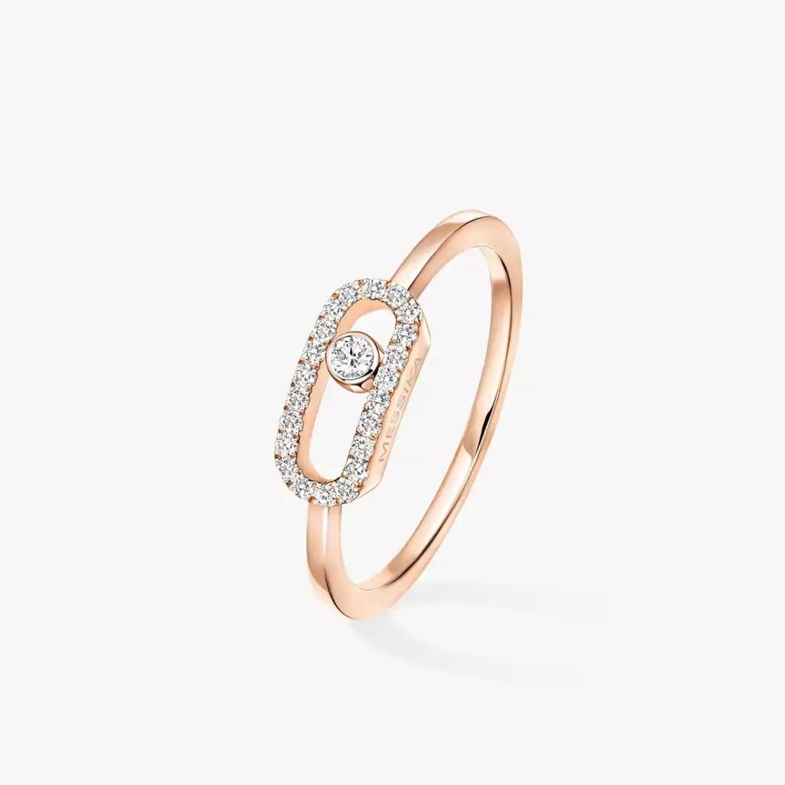 Rose Gold Move Uno ring with a diamond on a white background