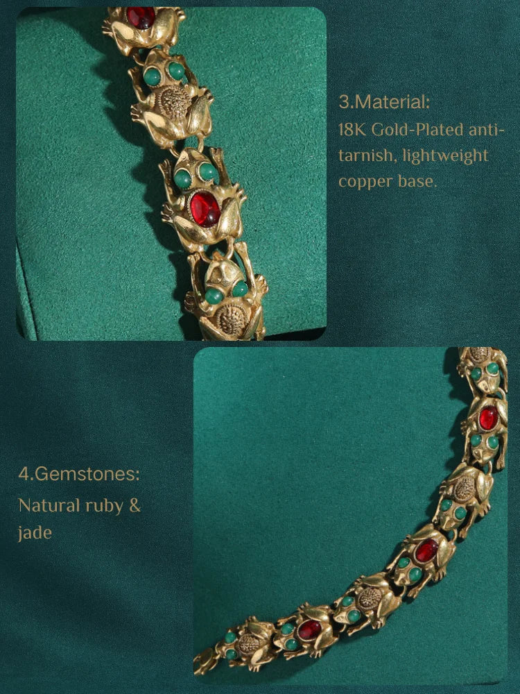 Thaloura Bracelet | 18K Gold Jewelry | Frog with Jade & Ruby