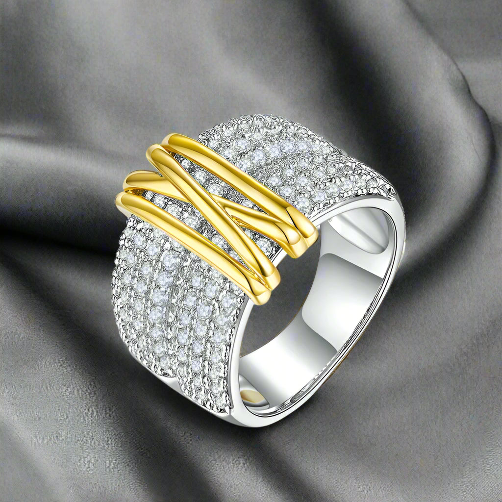 VELTORI | Retro Light Gold 925 Sterling Silver Multi-Line Zircon Ring