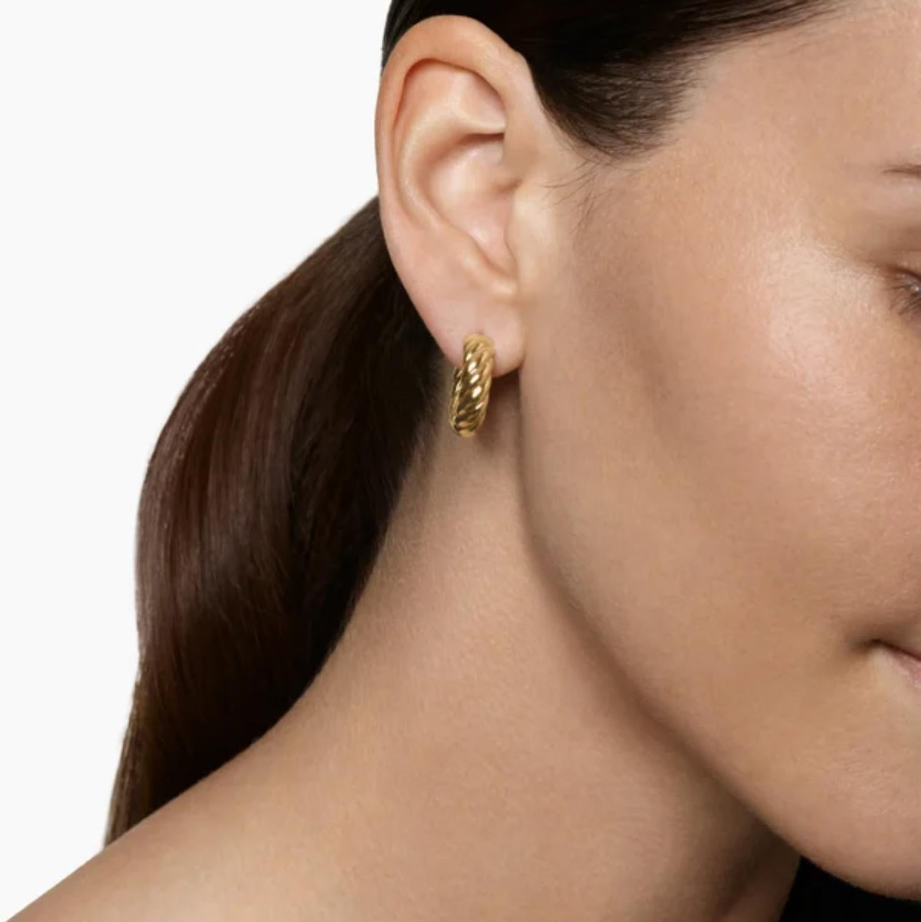 Close-up of a person wearing a gold earring on a plain background