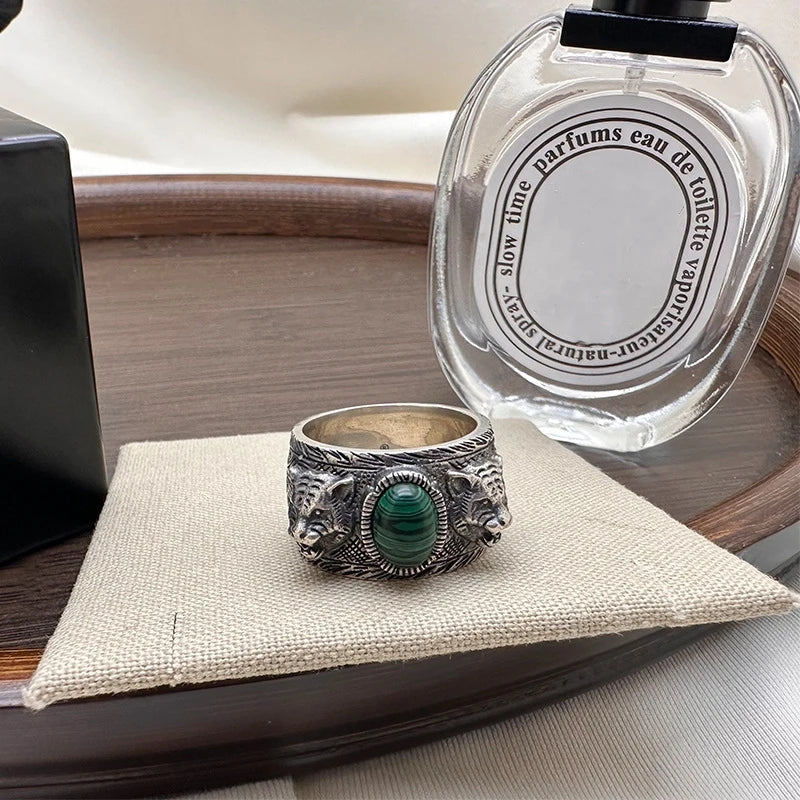 Tigrion | S925 Silver & Malachite | Dual Tiger Head Design