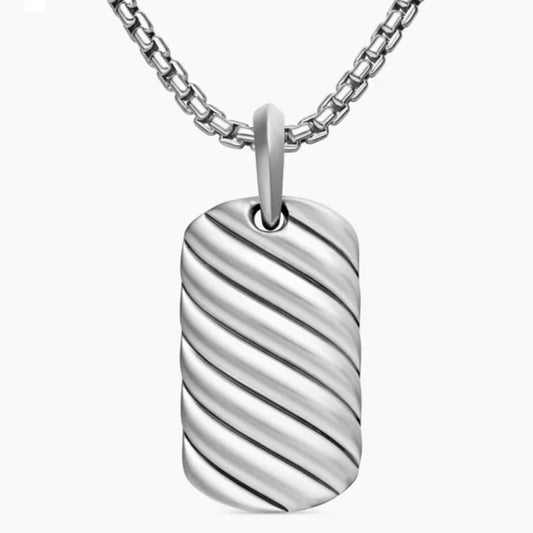 Sterling silver tag pendant with diagonal cable grooves, 27×15.7mm, on a ball-link chain.